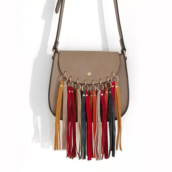 MELLOW WORLD Taupe/ Beige Multicolor Fringe Tassel Bag Small - Picture 3 of 8